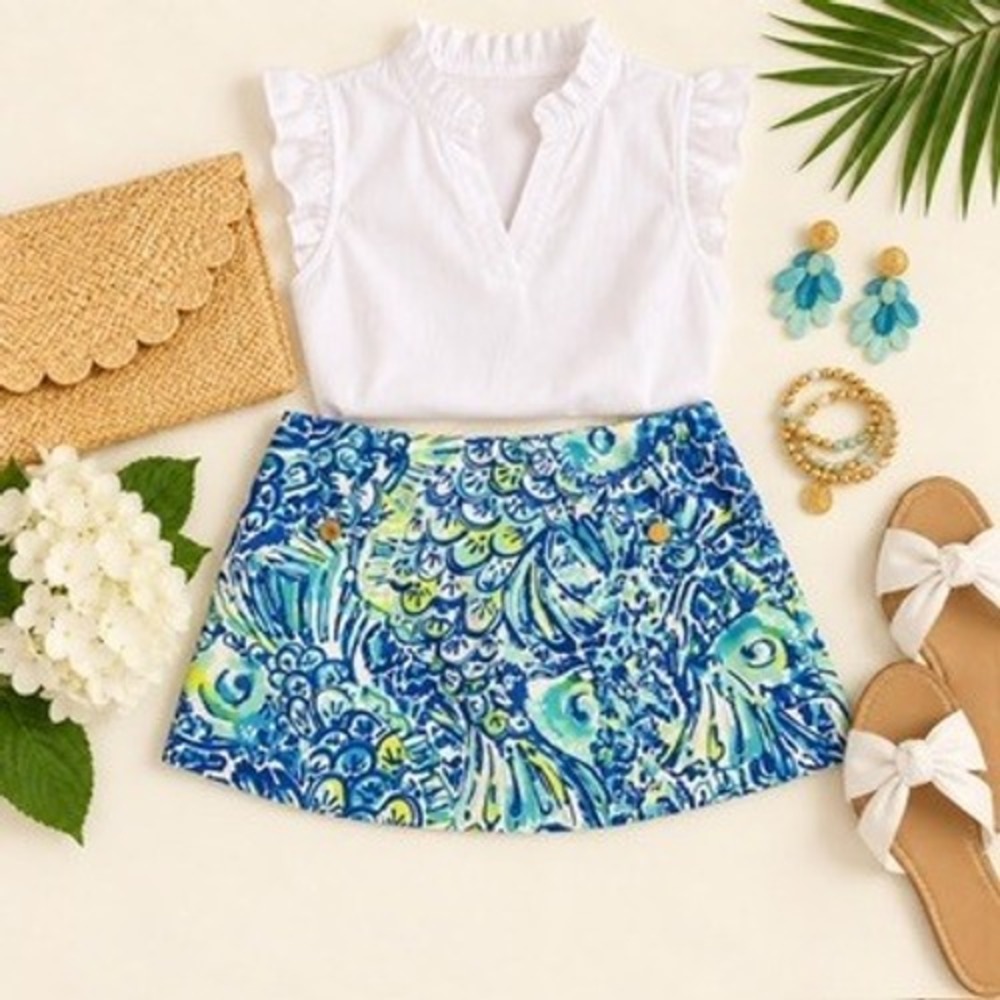 Lilly Pulitzer Blue Green Abstract Print Knit Skort Gold Buttons Size Small